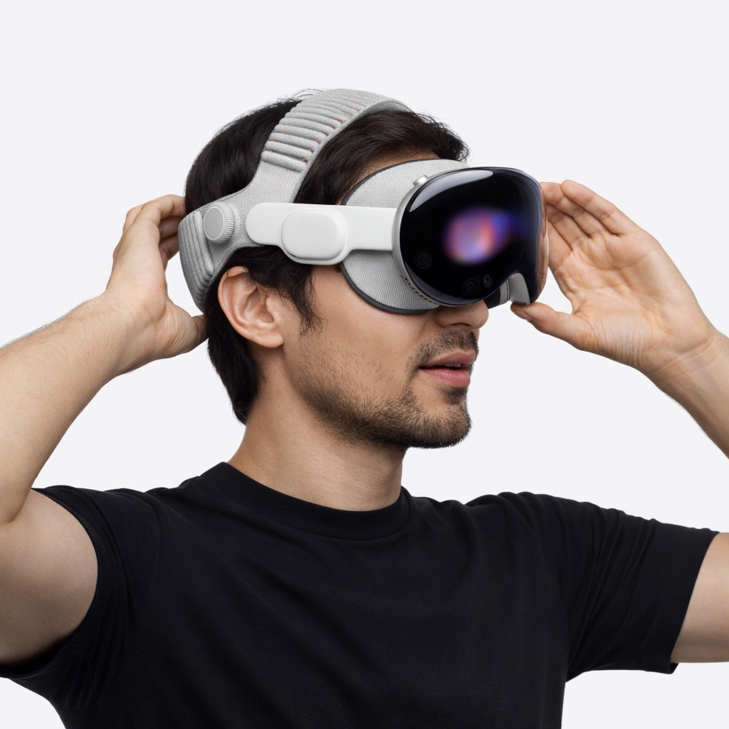 Человек, носящий Apple Vision Pro, в сборе с Dual Knit Band, верхний ремешок проходит через верхнюю часть головы, одна рука лежит на нижней части спинного ремешка за головой, другая рука лежит на раме из алюминиевого сплава.