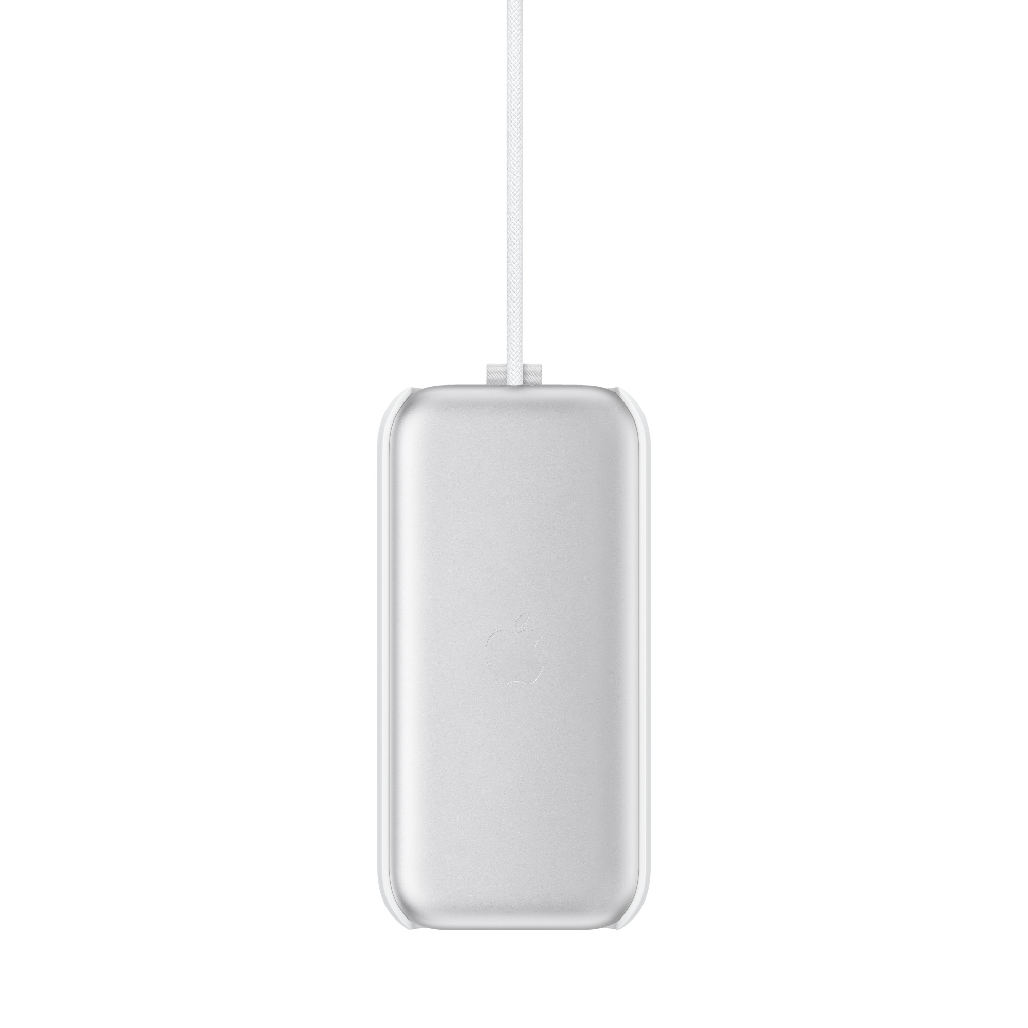 Держатель батареи Belkin, белый, охватывает контурную форму и боковые стороны Apple Vision Pro Battery, имеет открытую конструкцию сверху для встроенного кабеля батареи Apple и порта USB-C.